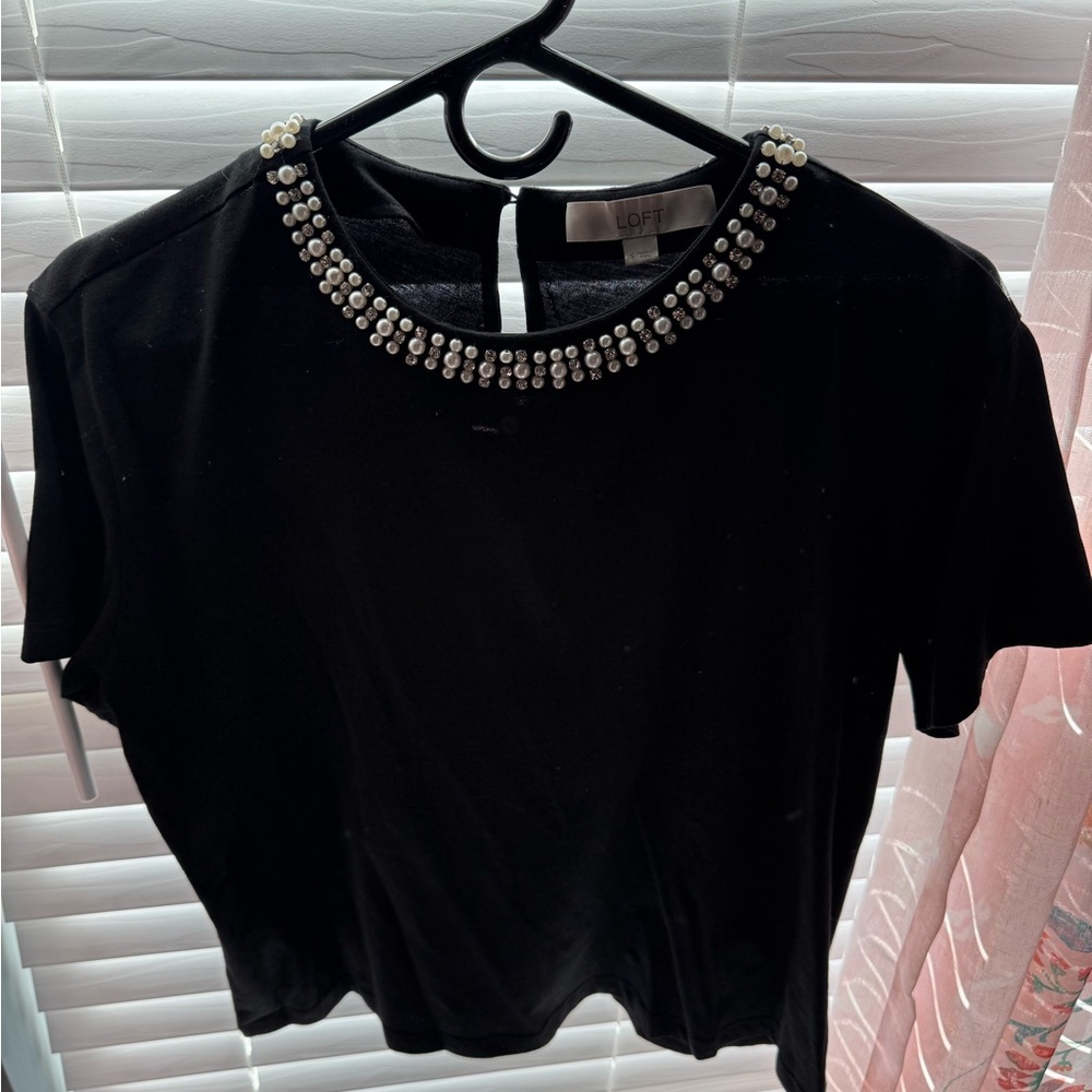 LOFT Black Short-Sleeve T-shirt with Pearl & Rhinestone detail. Crewneck NWOT